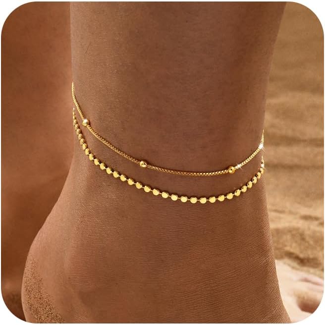 Waterproof 14K Gold Plated Anklets Set for Women Teen Girls, Layered Gold Ankle Bracelets Summer Beach Jewelry Gifts for Her