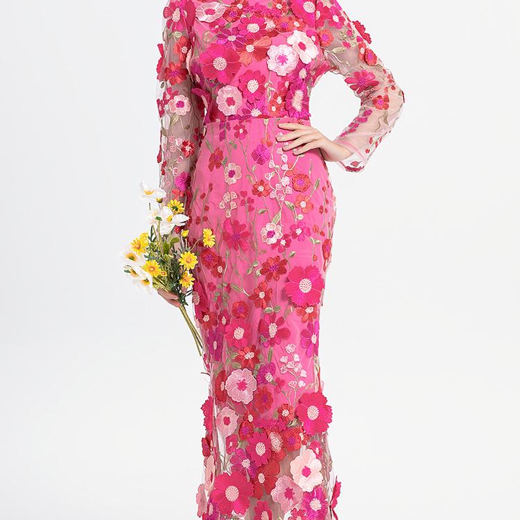 Rochii maxi lungi elegante cu broderie de flori 3D pentru femei Vacanta de vara Rochii de petrecere de seara cu coada de pește Creion