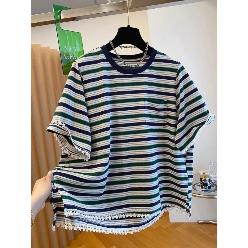 Retro Green Striped T-shirt Women s Short-sleeved New Style Loose and Stylish Lace Top M зелёный