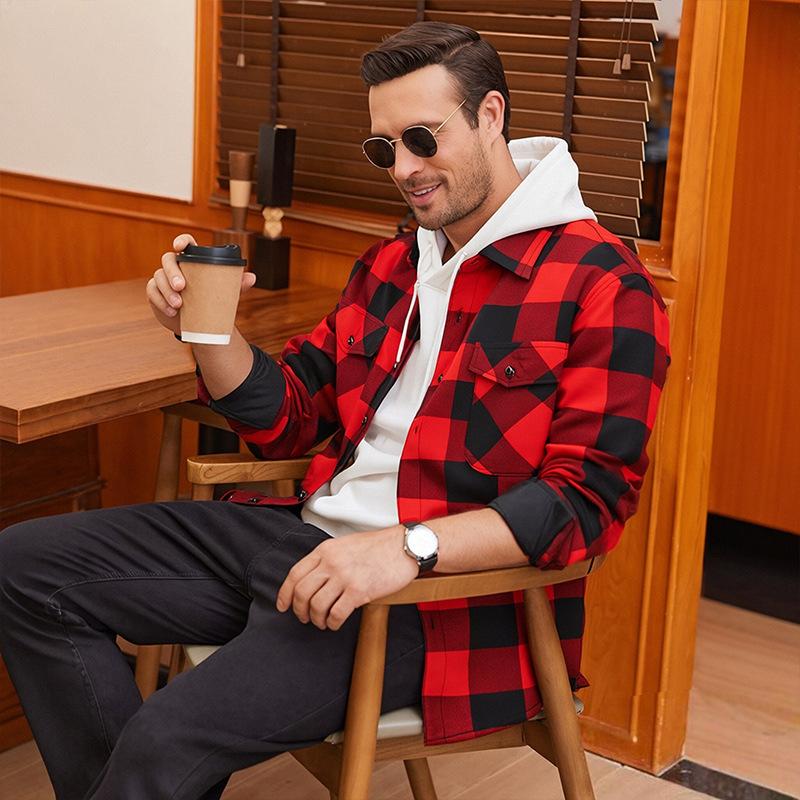 Neuartiges Thermoshirt mit Fleece-Futter für Herren; verdichtetes, gebürstetes Flanell-Karoshemd mit Fleece-Futter; langärmlig
