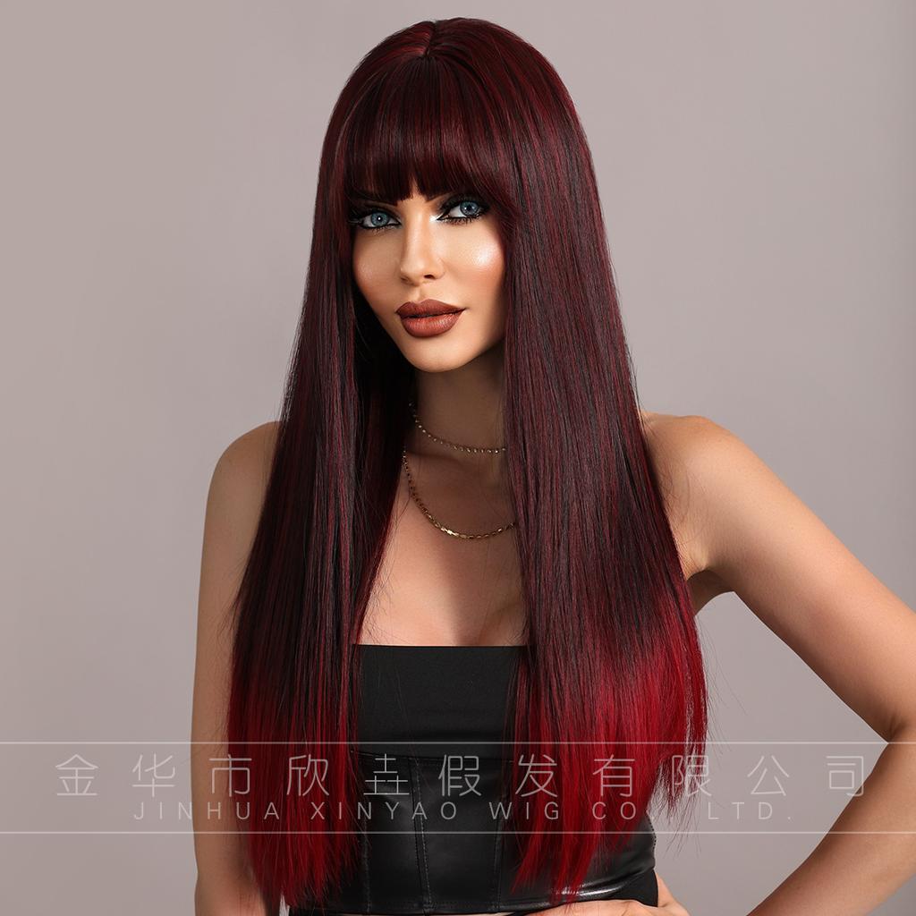 Attention To Ordering - Wig Long Straight Hair European American Style Black Gradient Red Curly Headband Full Top 24 Inches