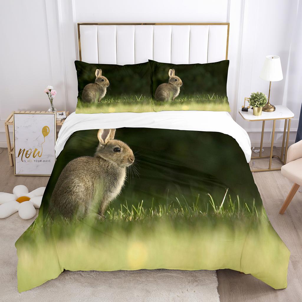 3D Kaninchen Bettbezug Set Liebliches Kleines Kaninchen Grüne Wiese Dekor Bettwäsche für Kinder Mädchen Geschenk Tier Thema Schlafzimmer Dekoration