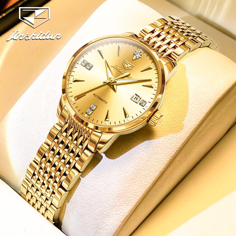 JINSHIDUN New Business and Leisure Ladies Watch Mechanical Form Calendar Luminous Diamond Inlaid Waterproof High-end Watch