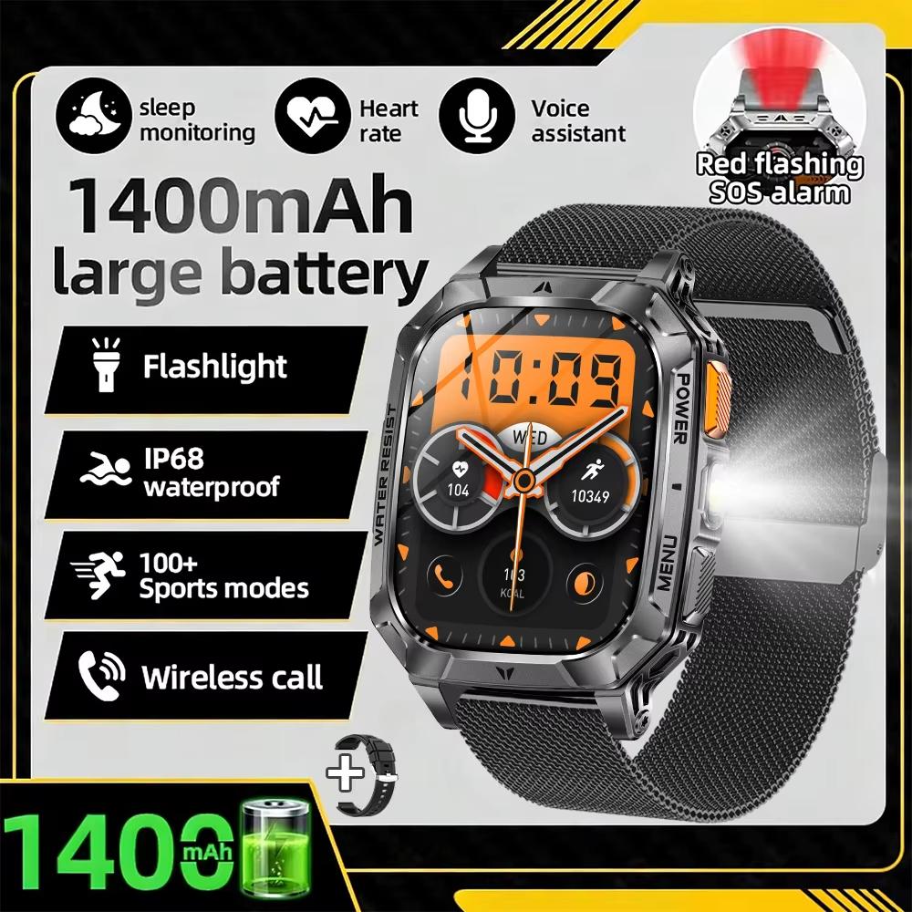 For Android iOS Watch Smart Call Sports Monitor Health Flashlight Waterproof IP68 Men Smartwatch Military Battery 1400 mAh New