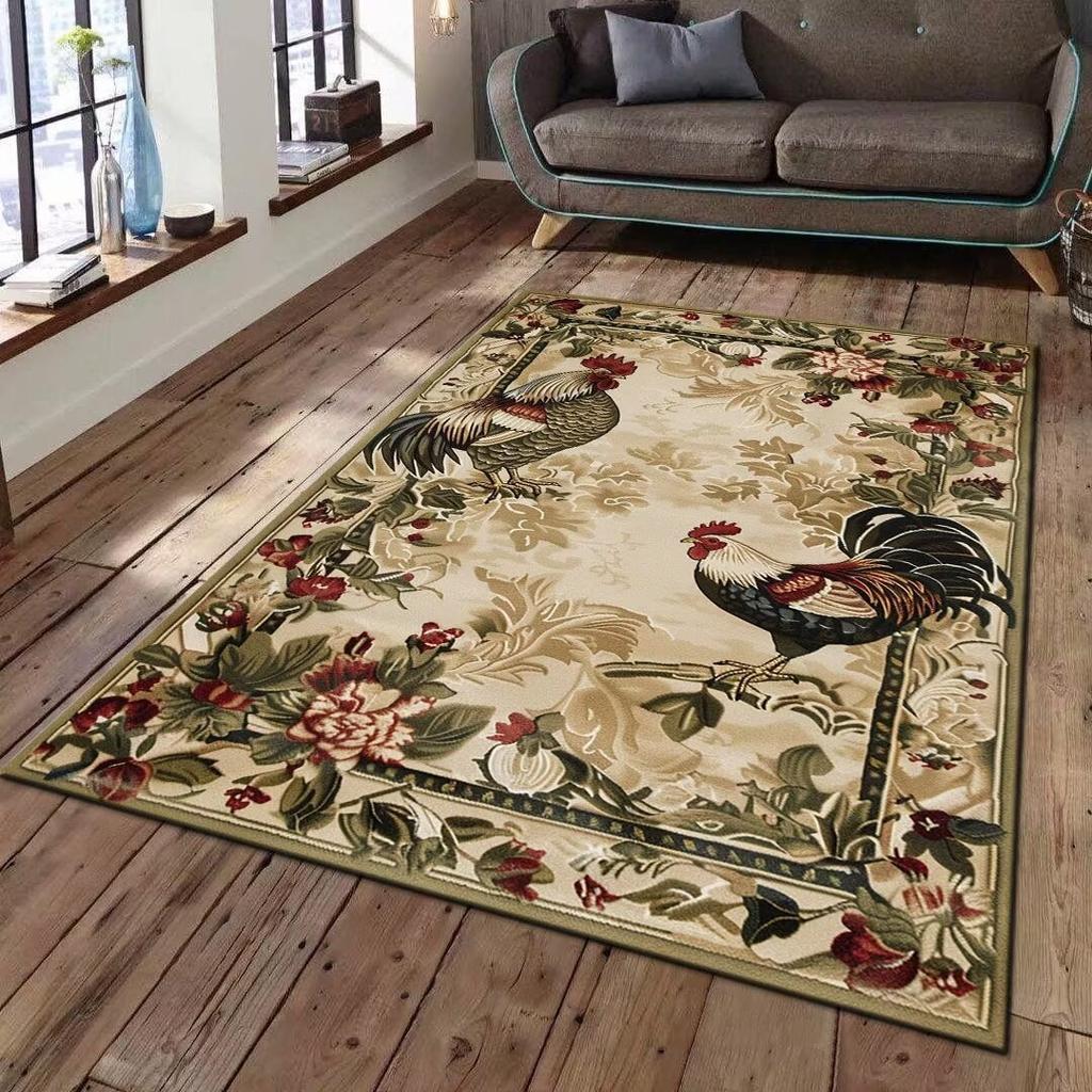 Vintage Rooster Floral Area Rug Collection Retro Farmhouse Style Pattern Floor Mat For Living Room Country Home Decor