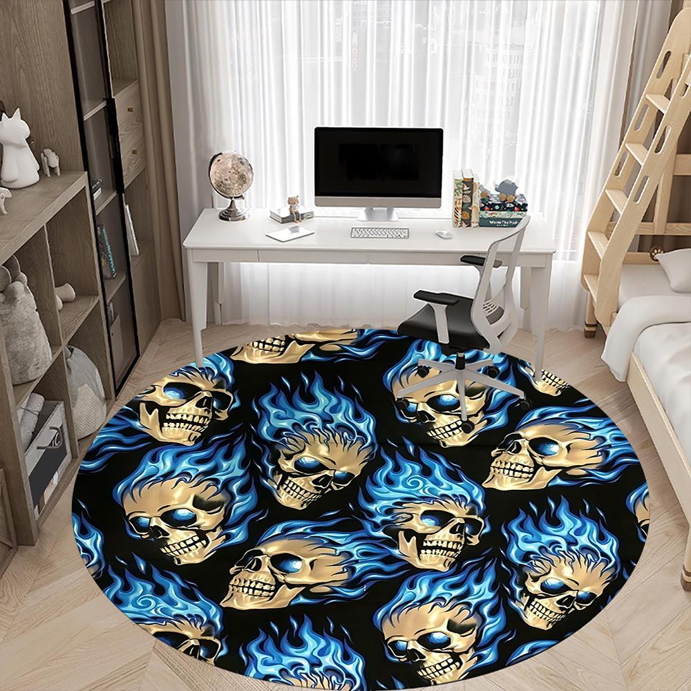 1PC Skulls Flames Office Round Area Rug, Mat Suitable For Office, Under Office Chairs Bedroom Living Room Home Decor, Room Deco
