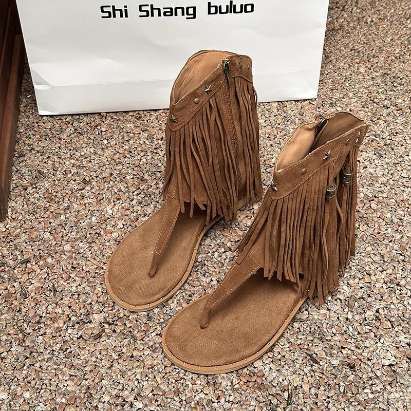 Thick-soled Wedged Toe Roman Rivet Fringed Cool Boots Women's Summer 2025 New Fashion Bohemian Sandals