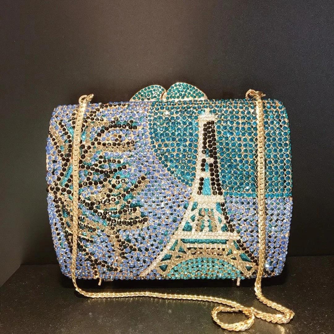 

White Tower Diamond Evening Bag Gold Metal Clutch Blue/Green Rhinestone Diamond Minaudiere Designer Women’s Crystal Party Purse 15cmX11.5cmX5cm