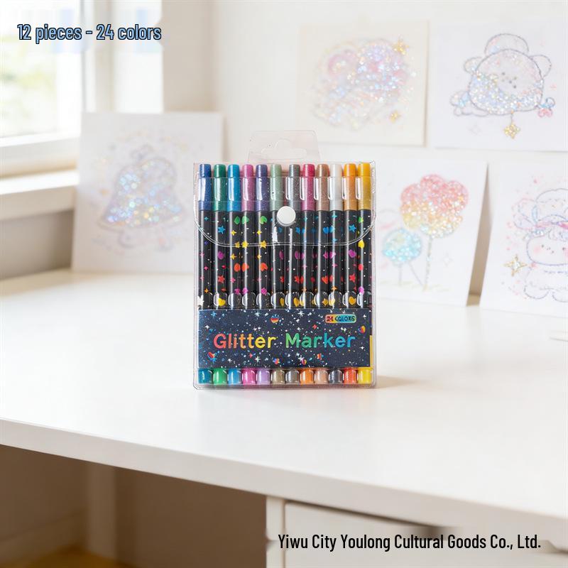 Dual-Color Glitter Acrylic Marker Pen with Soft Brush Tip for Student Art & Drawing
