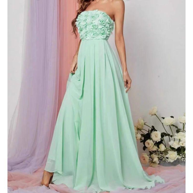 

Export Single Fashion Elegant Chest-Wrapped Three-Dimensional Flowers Expansion Skirt for Vacation Performance Host Socialite Aura Beach Dress Green L