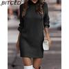 BITCED Fall/Winter Solid-Color Long-Sleeve Fashion Turtleneck Sweater Dress for Women