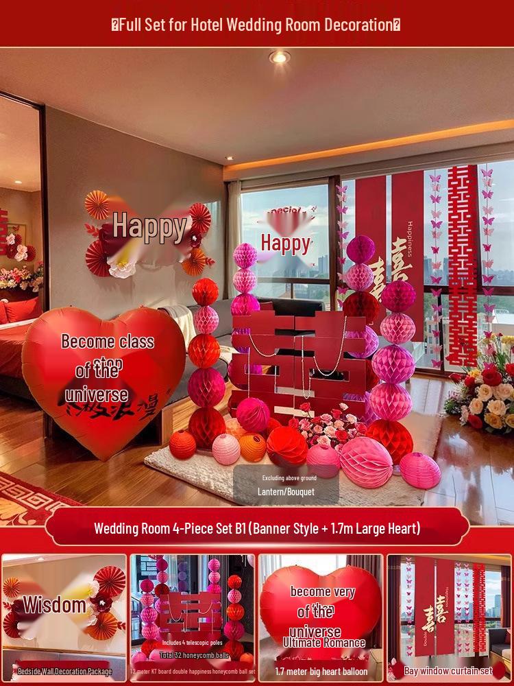 Ensemble de Décoration de Chambre de Mariage Nuptial avec Double Bonheur Sans Trace pour Hôtels et Salons