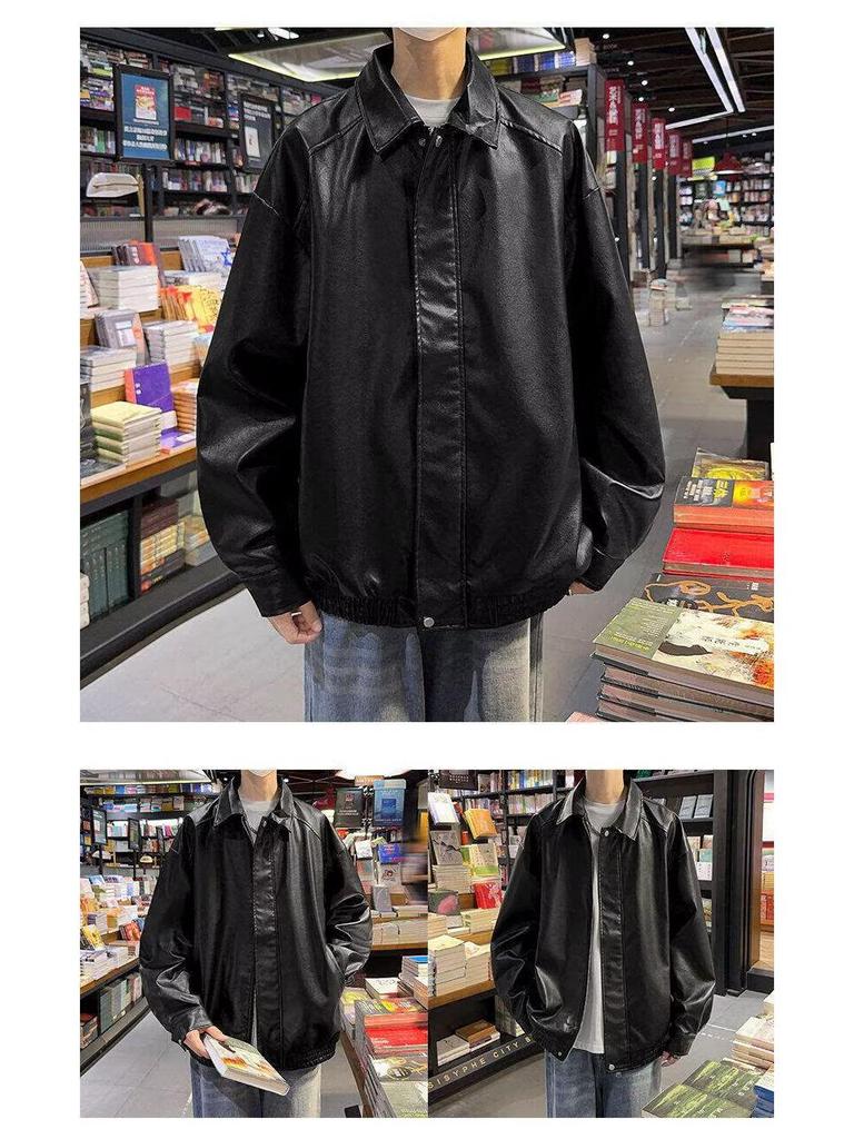 Men's PU Leather Jacket: Shiny, Retro Black Motorcycle Style for Autumn/Winter.