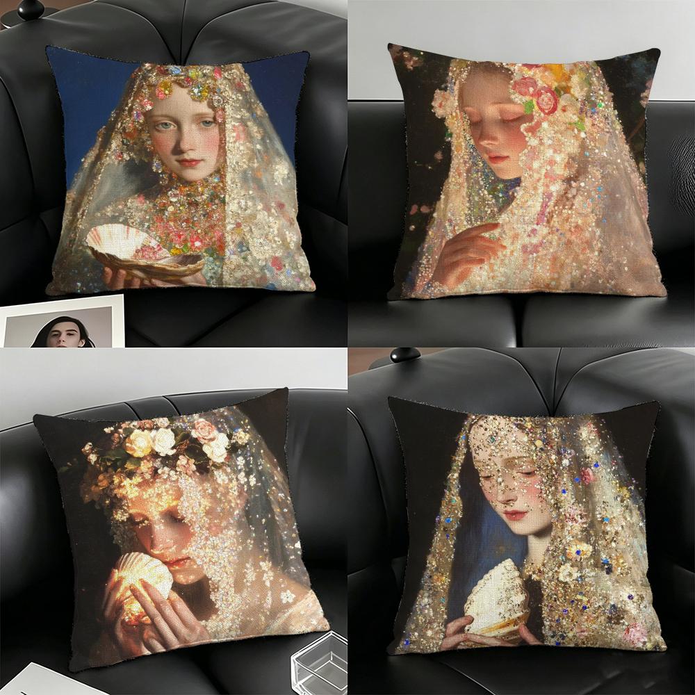 Pearl Girl Pillow Case Linen Pillow Covers Cover For Couch Living Room Bench Patio Floor Linen Home Decor