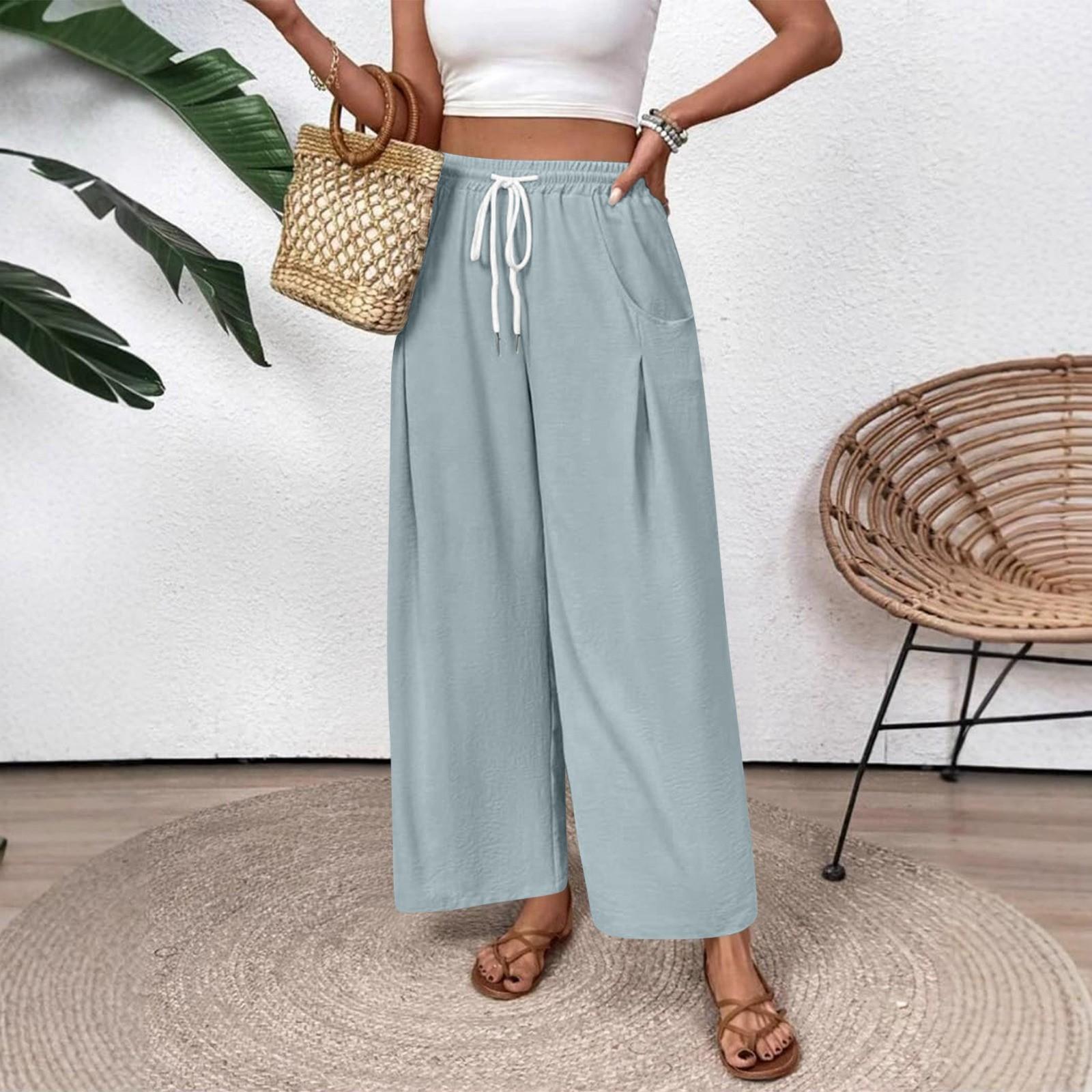 

Женские модные однотонные брюки кэжуал с широкими штанинами, эластичной талией на кулиске и карманами XL светло-синий