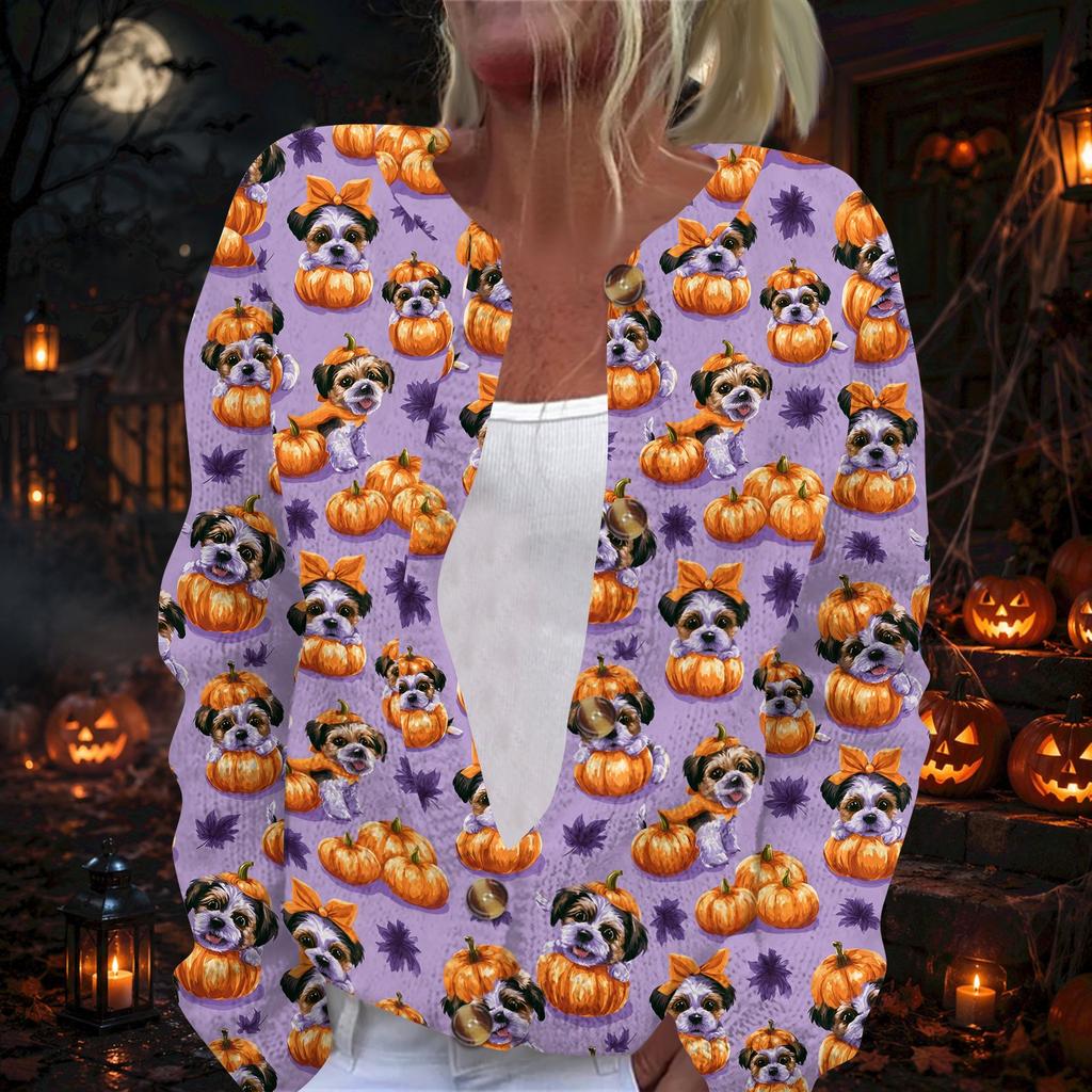 Women's Long Sleeve Knit Cardigan with Halloween Pattern Button Front for Casual Wear