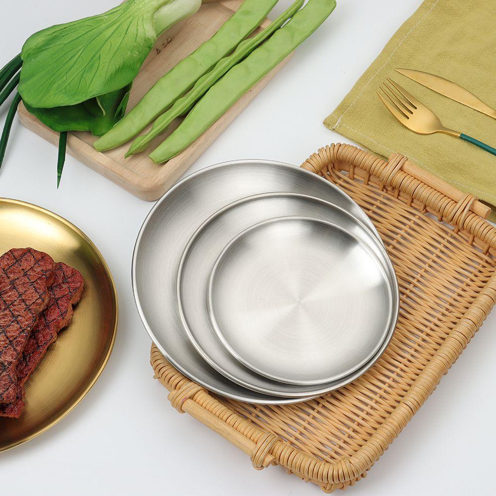 Stainless Steel Tableware Gold Silver Cake Dessert Metal Dining Disc Shallow Tray Bone Spitting Dish Round Plate