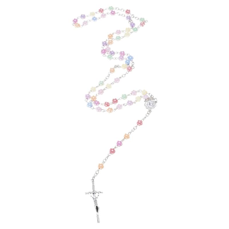 Rosary Crystal Bead Necklace Catholic Rosary Bead with Metal Crucifix Religious Jewelry for Women Flower Beaded Necklace