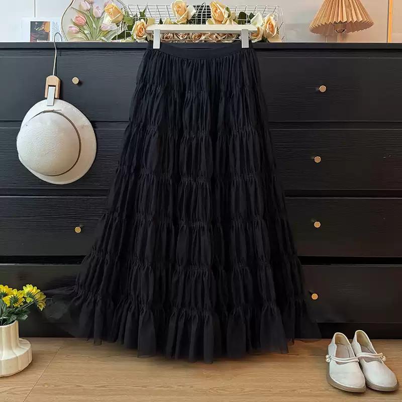 Qooth Korean Soft Style Pleated Tulle Fluffy High Waist A-Line Maxi Skirt Flowy Draped Full Flare Half Skirt for Women QT2969