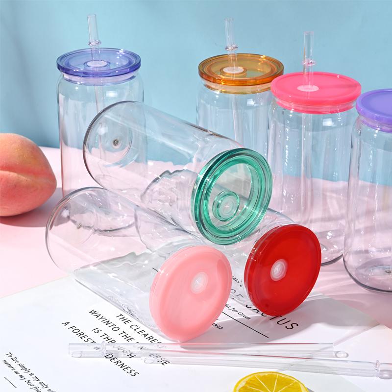 Vaso de plástico transparente con pajita y tapa de color Viene con pajita y tapa para vaso Puede Leche Café A prueba de derrames 16 OZ