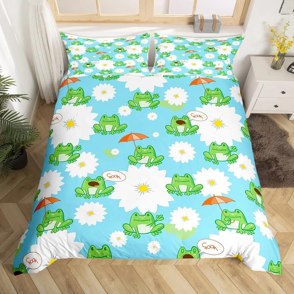 Cartoon Frog Duvet Cover Set Light Green Cartoon Frogs Cute Dragonfly Animal Bedding Set for Kid Twin Size Polyester Quilt Cover