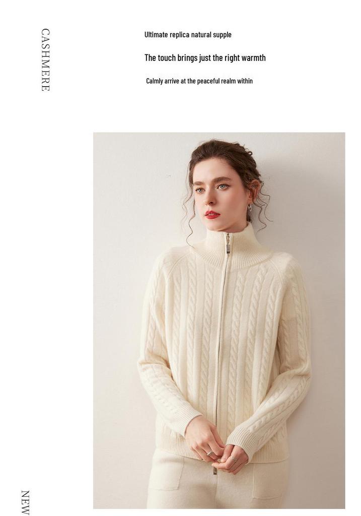 Women's Cable Knit Cashmere Cardigan - Solid Color, Stand Collar, Zipper Closure, Autumn/Winter Casual Style Sweater