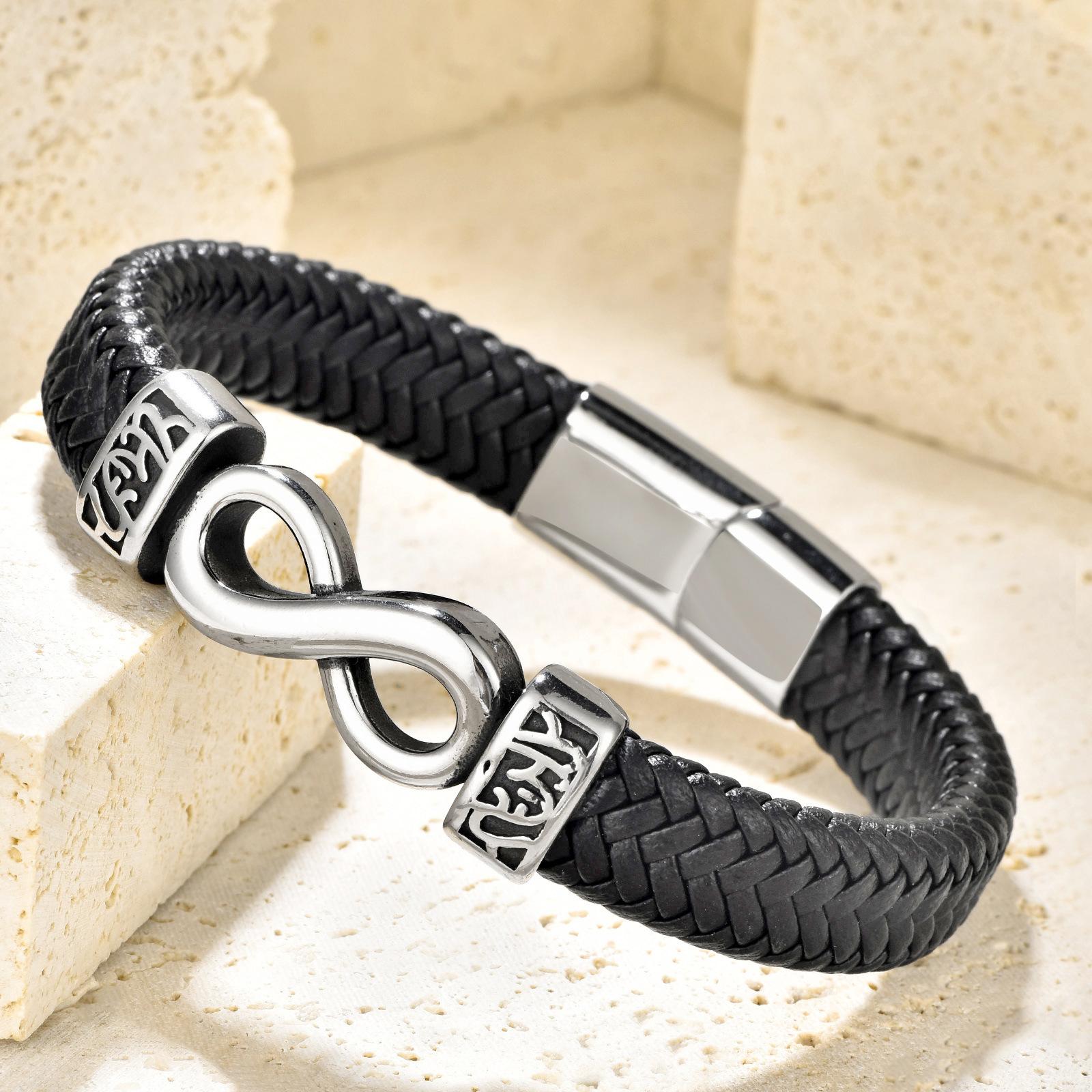 Black Leather Rope Cowhide Men s Simple Leather Woven Bracelet 8 Characters Infinity Leather Bracelet 2026 21CM
