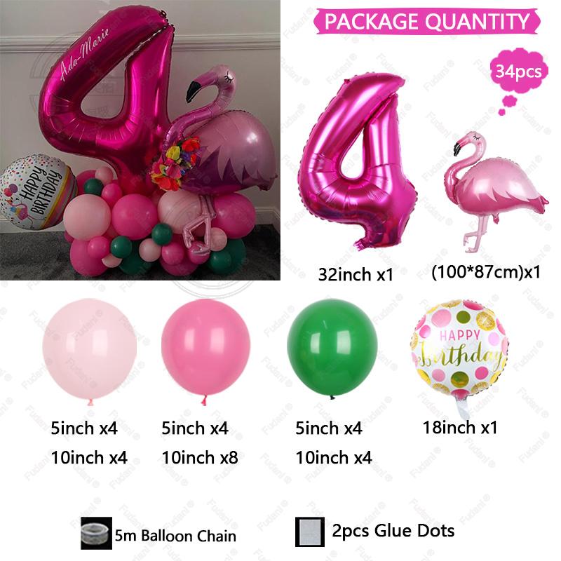 34pcs 32 Inch Rose Red Number 1-9 Birthday Balloon Set Flamingo Balloon Tropical Hawaii Theme Party Decoration Festival Supplies