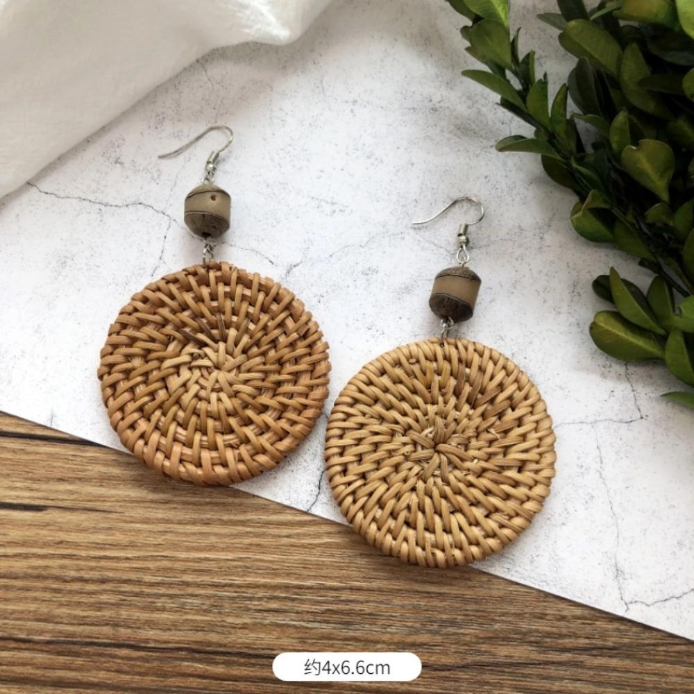 Vintage Mori Grass and Rattan Woven Handmade Earrings Bohemian Vacation Style Stud Earrings Female Ethnic Style Summer Ear Jewelry