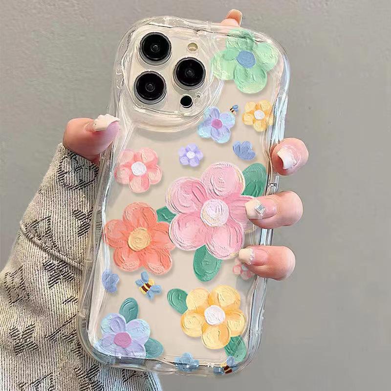 Etui na telefon z motywem fali 3D i kwiatów w stylu malarstwa olejnego dla iPhone 15, 14 Pro, 12/11 Pro Max - Pełne pokrycie i przezroczyste.