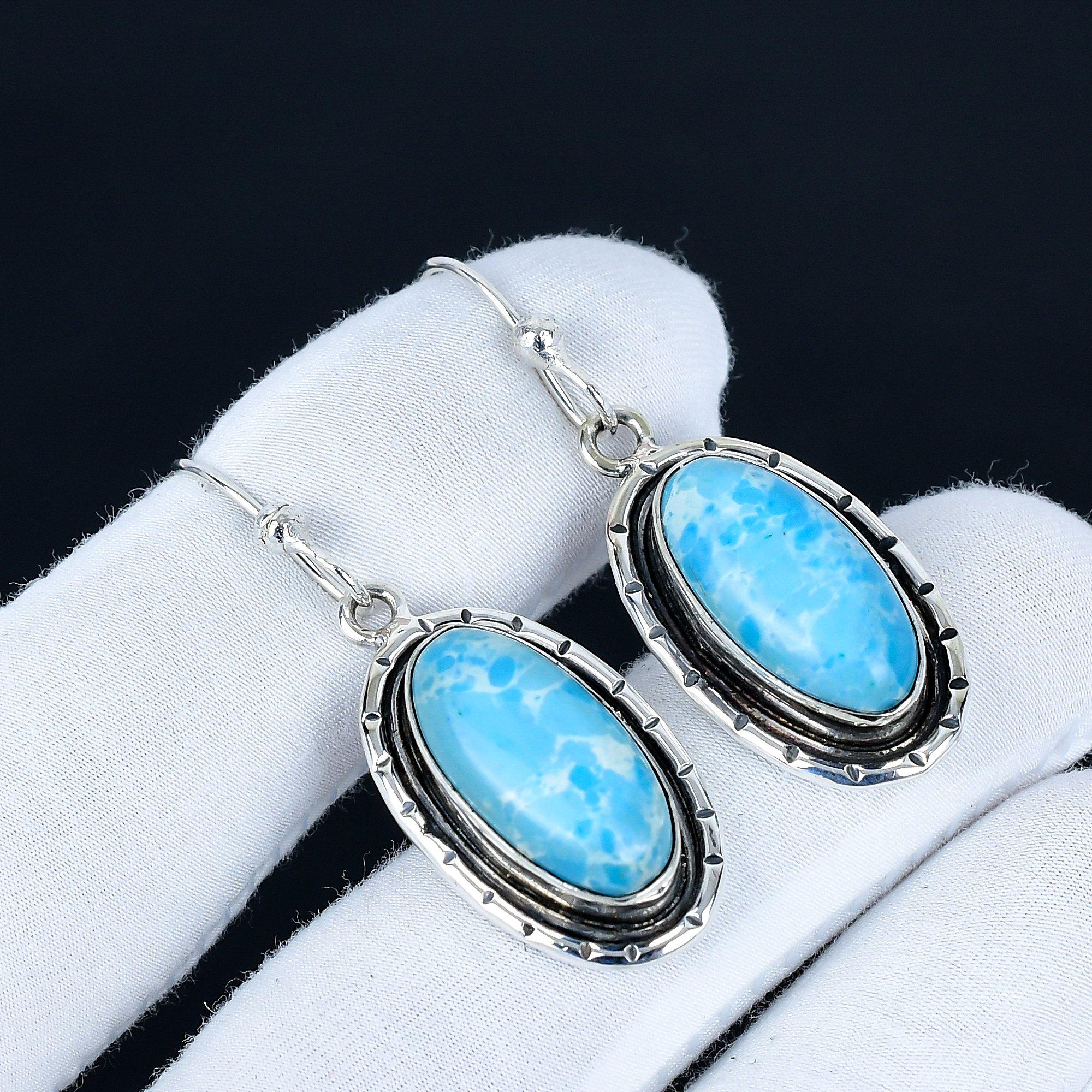 

Larimar Gemstone Earrings, 925 Sterling Silver Earrings, Handmade Silver Earrings For Gift, Larimar Dangle Earrings Birthday Gift 5.5 Cm