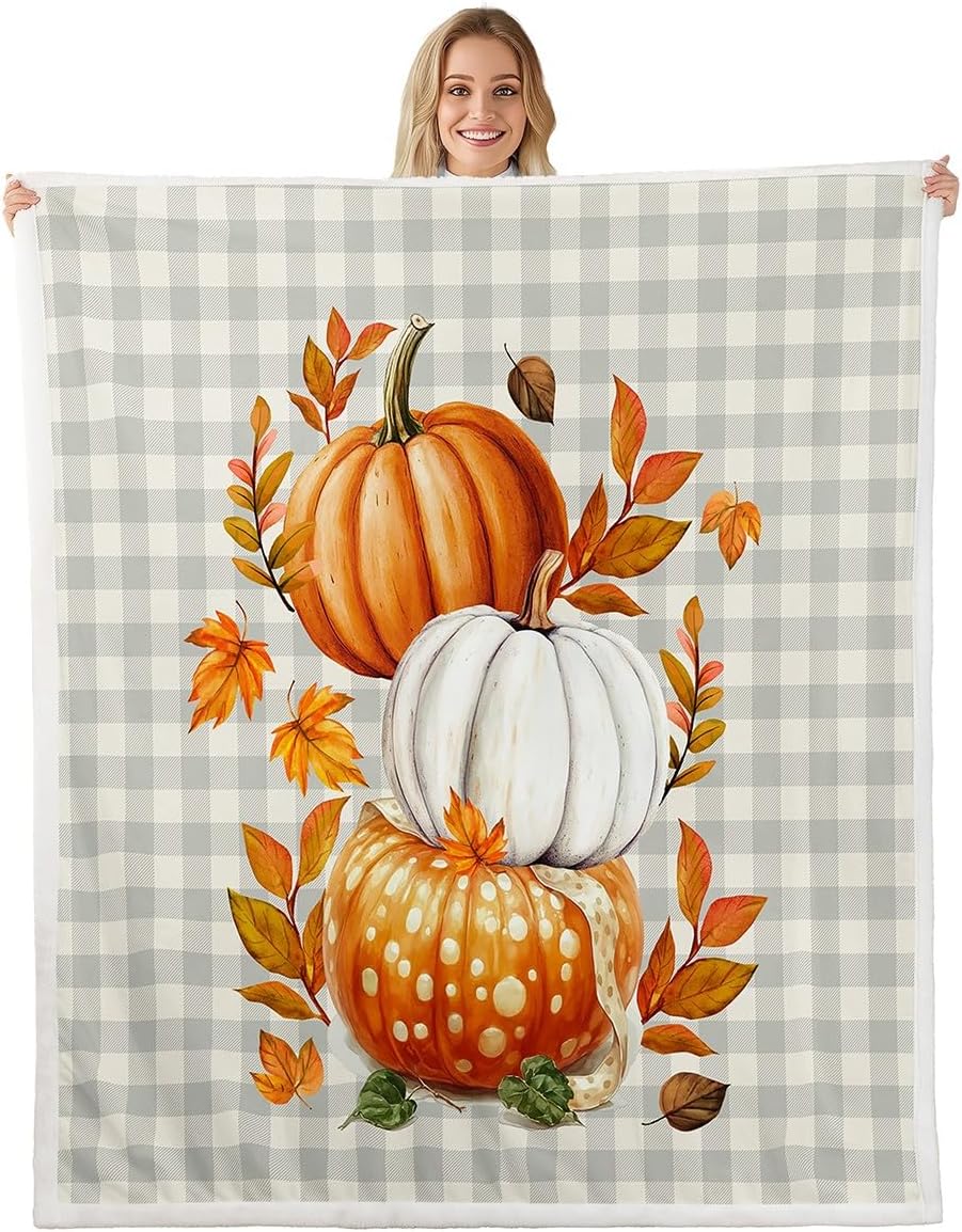 Fall Throw Blanket, Rustic Pumpkins Leaves Farmhouse Fleece Blanket for Kids Happy Thanksgiving Orange Pumpkins Fuzzy Blanket, 75X95CM