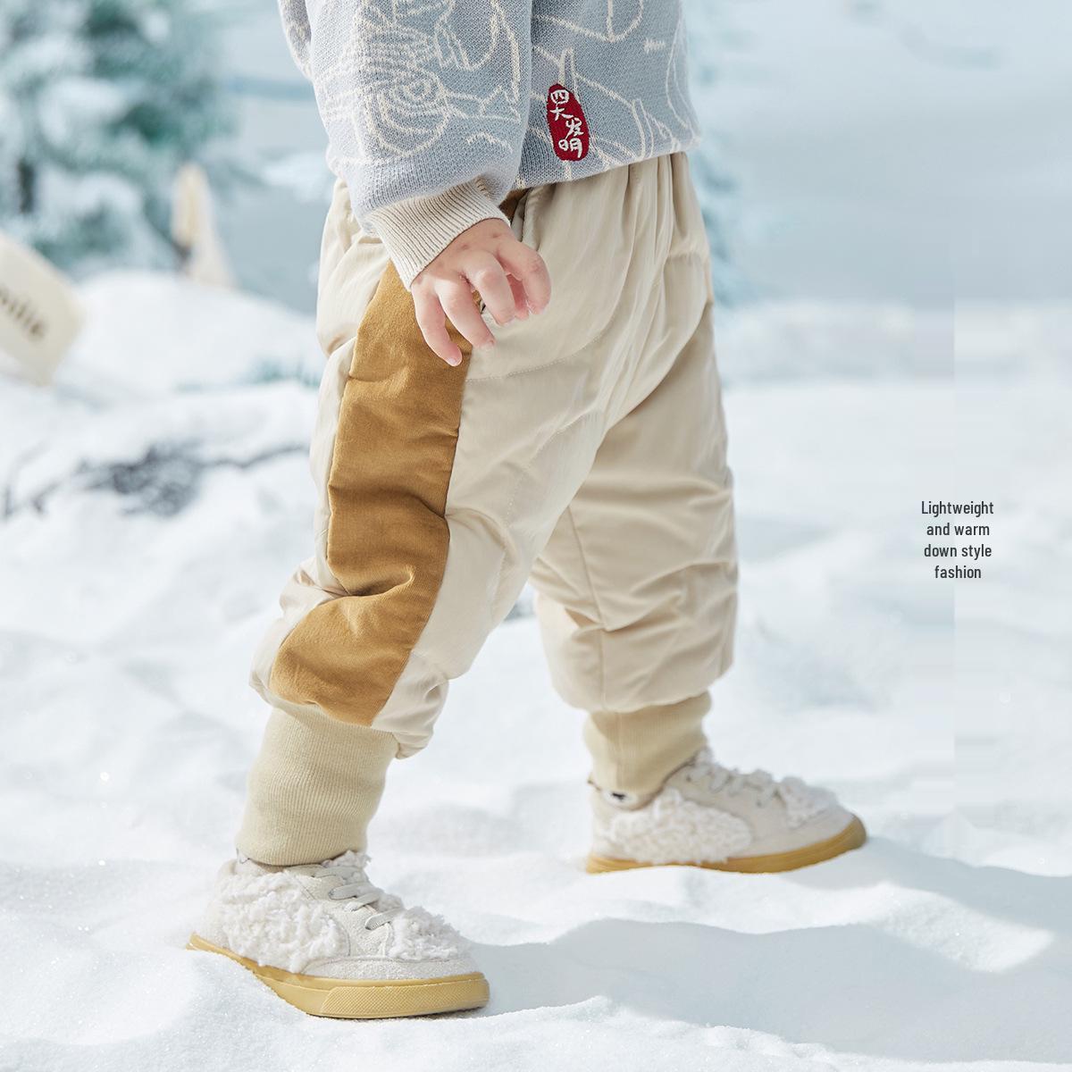 

Зимние детские брюки в корейском стиле 2025 года, цветной блок, утолщенные, с манжетами, на белом утином пуху 90cm