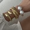 2026 Hip Hop Pearl Wide Cuff Bangles Punk Fashion Gold Silver Color Geometric Spring Bangles For Women Bracelet Men Jewelry