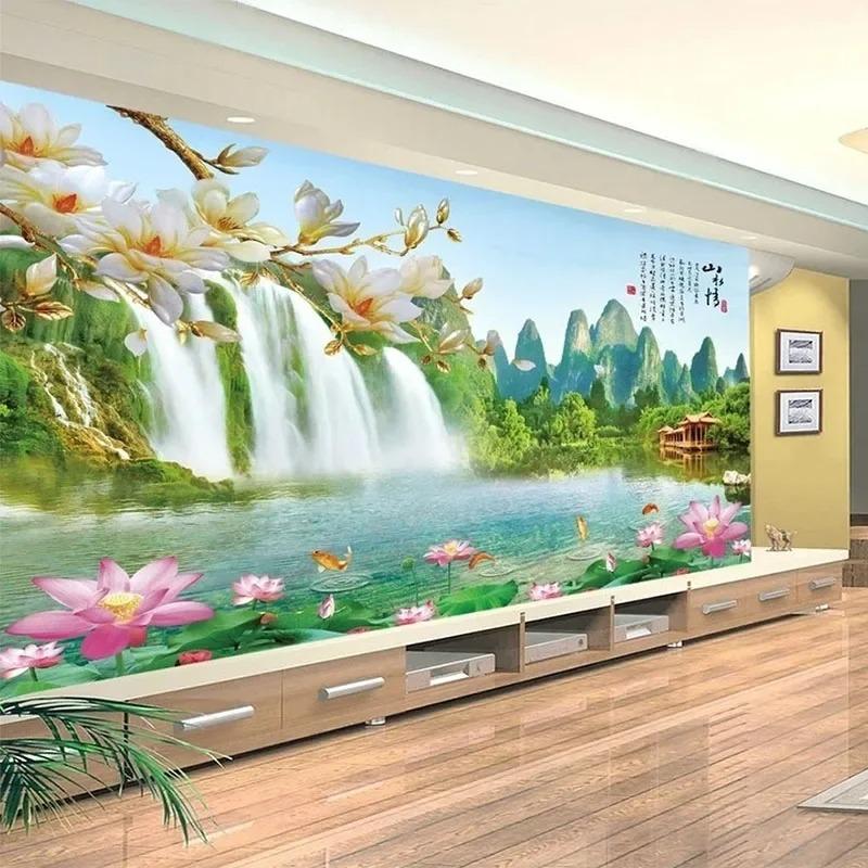 Photo Wallpaper 3d Stereo Waterfall Lake Lotus Landscape Mural Living Room Tv Sofa Bedroom Home Decor