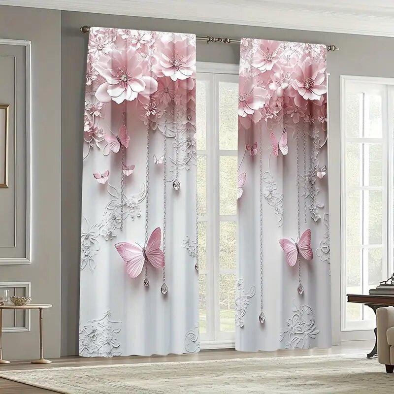 Pink Flowers and Butterflies - Pole Bag Curtains   Bedroom and Kitchen Decoration   Home Decoration   Living Room Decoration