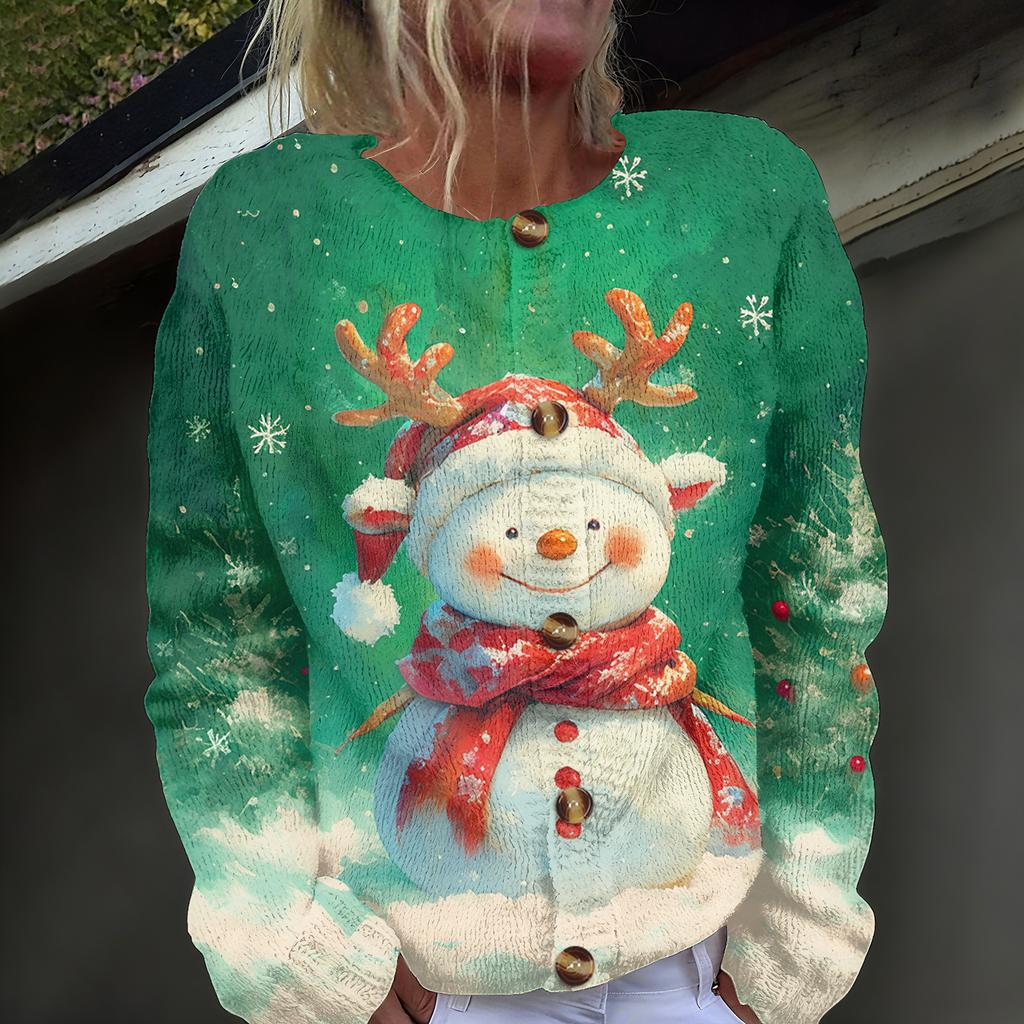 Damenmode, weihnachtlich bedruckt, langärmelig, Strickjacke, Button-Down-Jacke