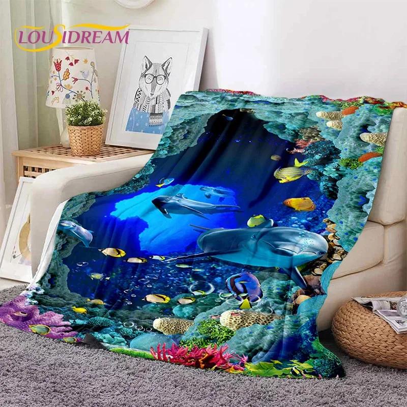 3D Illusion Underwater World Seabed Shark Dolphin Soft Flannel Blanket for Beds Bedroom Sofa Picnic,Throw Blanket Outdoors Gifts