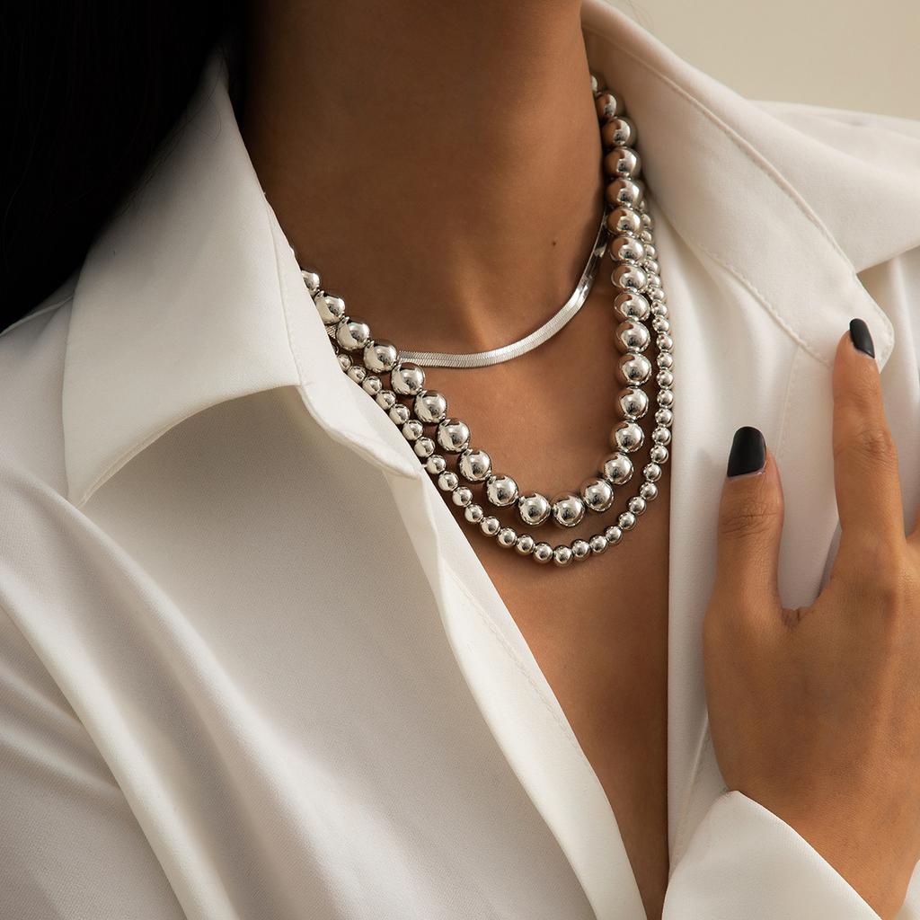 Collana Girocollo A Strati In Lega | Catena Serpente E Spina Di Pesce | Con Perline Tonde | Gioiello Donna Argento | Regalo Di Compleanno