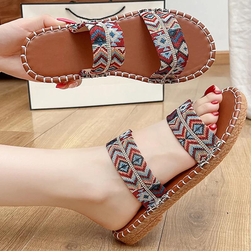 

Fashion Bohemian Style Round Toe Low Heel Slippers Women Vintage Summer Non Slip Flat Sandal Female Casual 2025 Patchwork Slides Mujer 43 красный