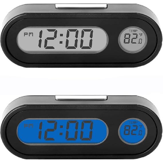 Car Clocks with Fahrenheit Temperature Blue Backlight 2 in 1, Small Electronic Clock for Dashboard Car Clock, Vehicle LCD Backlight Digital Dashboard 1 Pack Black