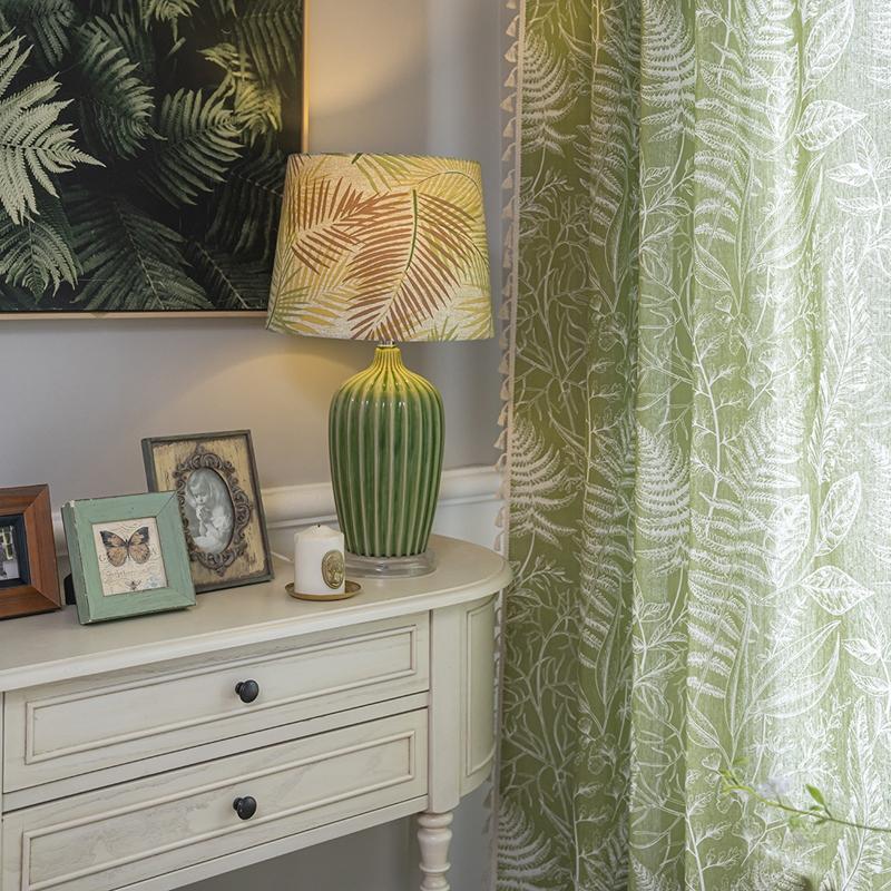 Green Leaf Home Life Decoration Curtain American Style Semi-blackout Cotton Linen Living Room Bedroom Translucen  Fringe Curtain