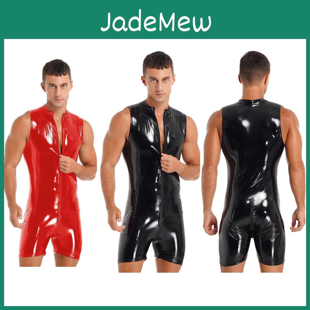 Wet Mens Leather Patent Sleeveless Look Zipper Jumpsuit Bodysuit