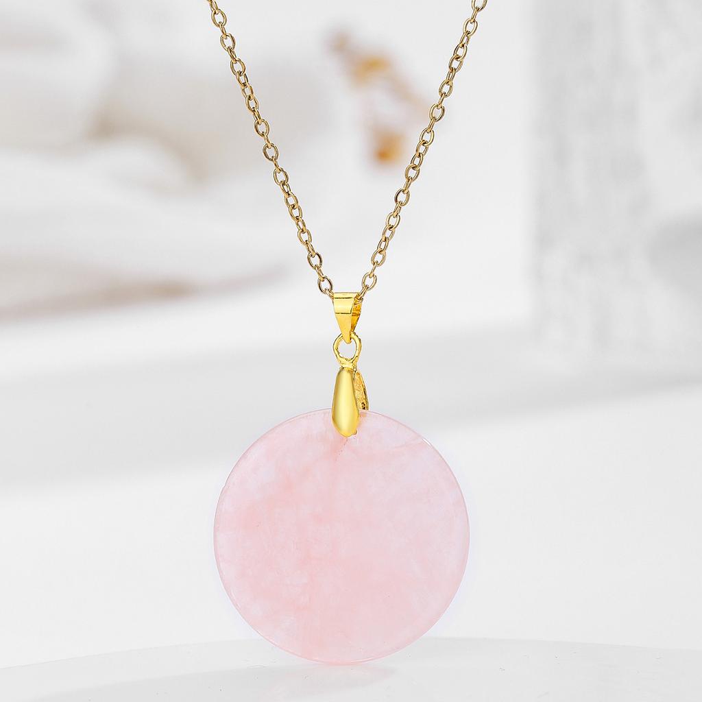 Natural Crystal Pendant, Pink Crystal Round Necklace, Insignia Necklace, Bohemian Jewelry