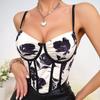 Female sexy hottie deep V steel rim fishbone waist suede flower print small vest halter top