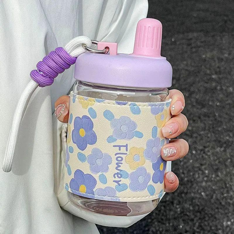 Influencer Portable Insulated Glass Water Cup with Leather Sleeve – Stylish Gift for Female Students