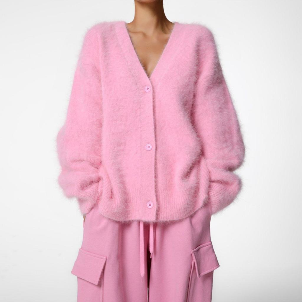 Women's 2025 Autumn Winter Faux Mink Knit Cardigan V Neck Long Sleeve Loose Casual Sweater Coat