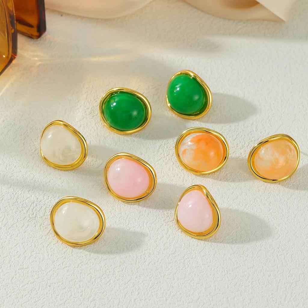 Salircon 5 Colors Classic Retro Stainless Steel Geometric Stud Earrings Boho Trendy 18K Gold Plated Inlaid Resin Earring Jewelry