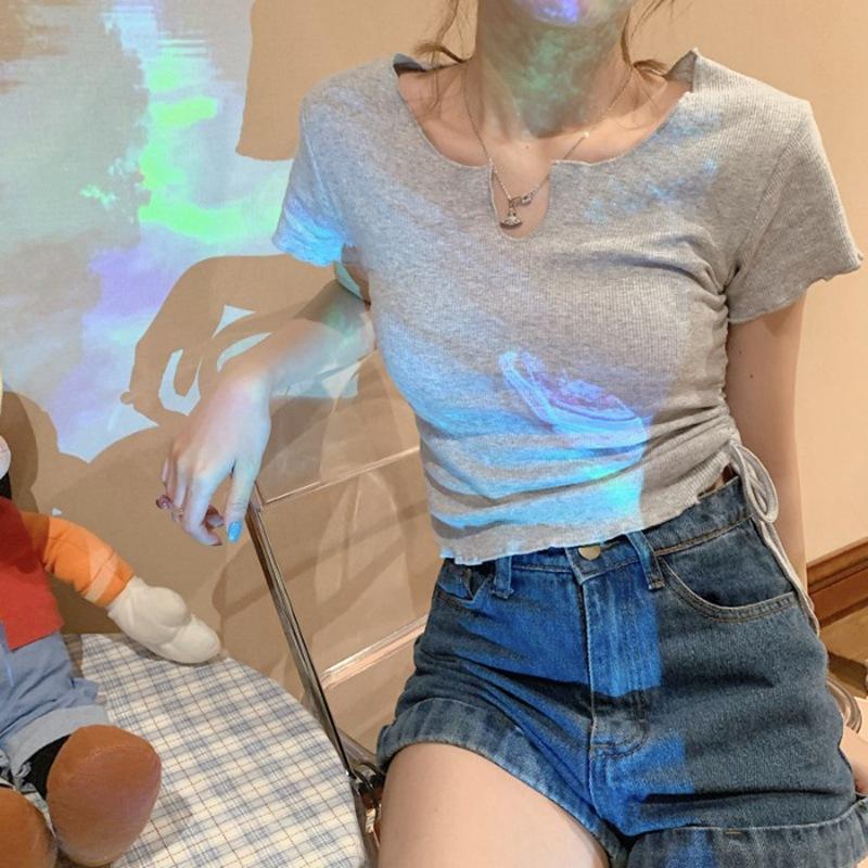 Design-sensual Short Drawstring Top for Women's Summer Hot Girl V-neck Slim Navel Revealing Short-sleeved T-shirt for Women