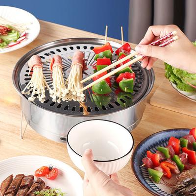 Runder Holzkohle-Grillherd, tragbarer Grillgrillhalter aus Edelstahl, abnehmbarer, antihaftbeschichteter Grillofen für Camping im Freien